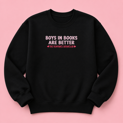 Boys in Books Are Better black jumper with pink embroidered text and heart details