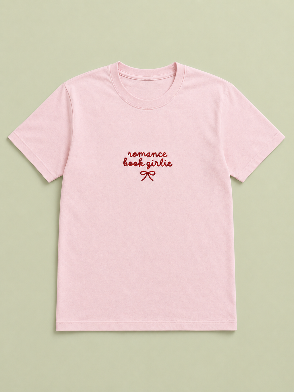 Romance Book Girlie pink t-shirt with red embroidered text and bow