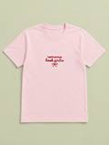 Romance Book Girlie pink t-shirt with red embroidered text and bow