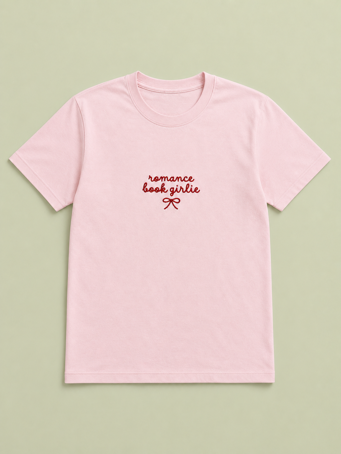 Romance Book Girlie pink t-shirt with red embroidered text and bow