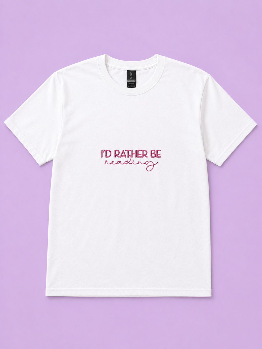 I'd Rather Be Reading white t-shirt with pink embroidered text